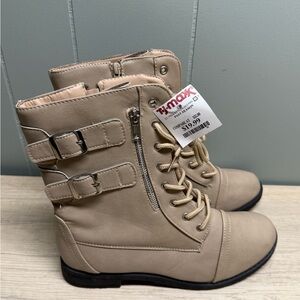 Tan Lace-Up Ankle Boots with Buckles